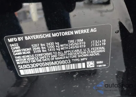 2022 BMW X3 xDrive30I z USA, uszkodzony, nr VIN 5UX53DP05N9M09803